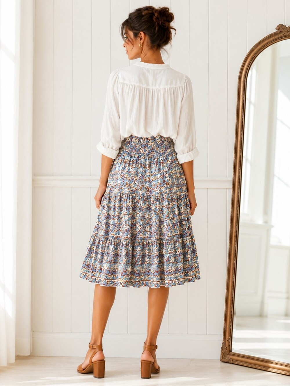 Max Studio Floral Tiered Midi Skirt Size Medium Blue Boho Pull-On Elastic Waist - Picture 2 of 8